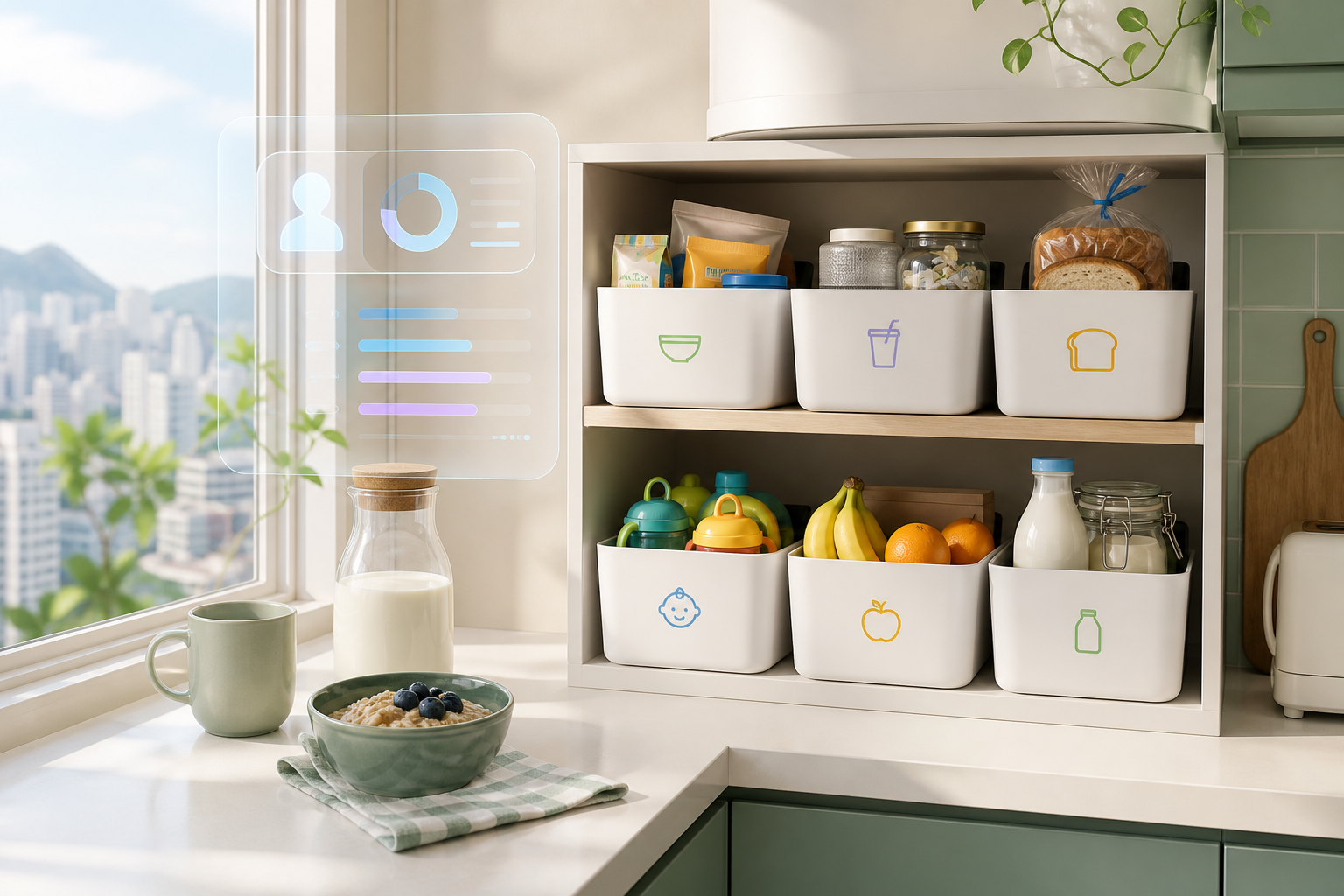 An organized compact kitchen with storage boxes and breakfast items / 整洁的小厨房，摆放着收纳盒和早餐用品